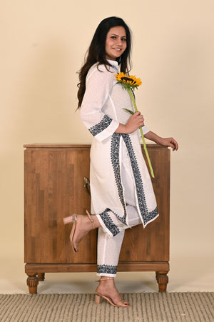 Semal Cotton Dobby Lucknow Chikan Black & White Kurta Set