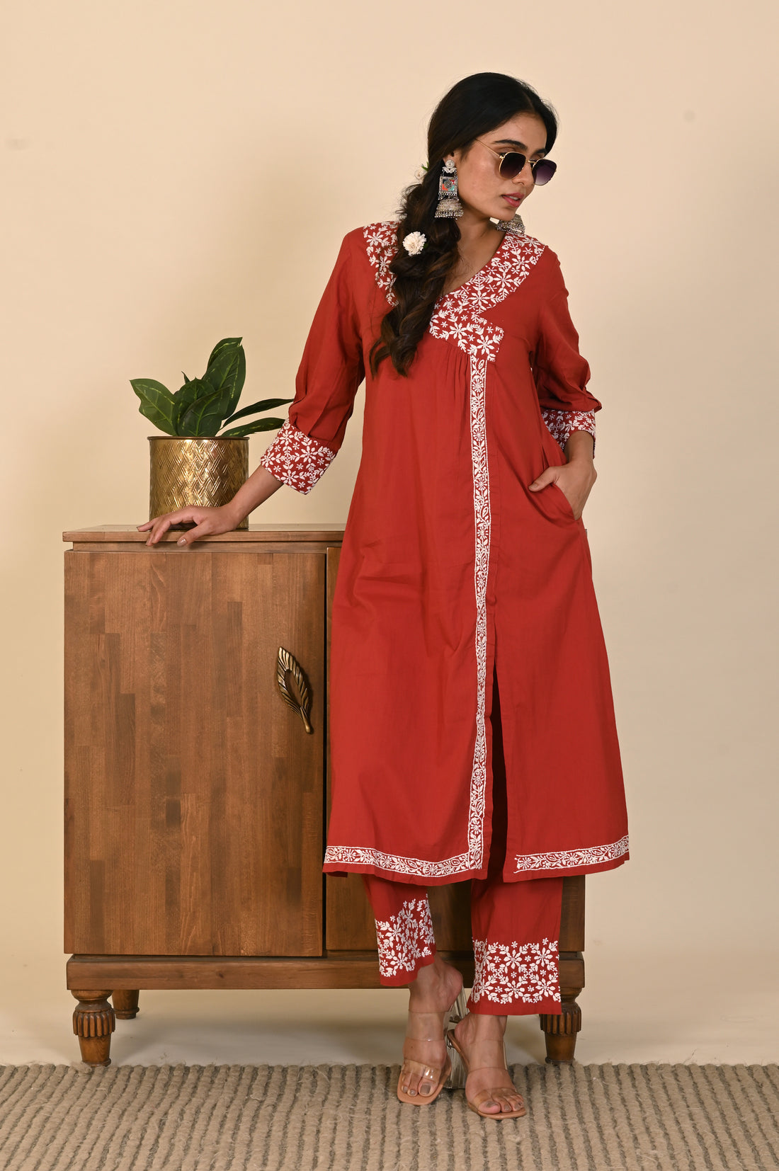 Semal Classic Cotton Angrakha style Lucknow Chikan Rust Red Kurta Set