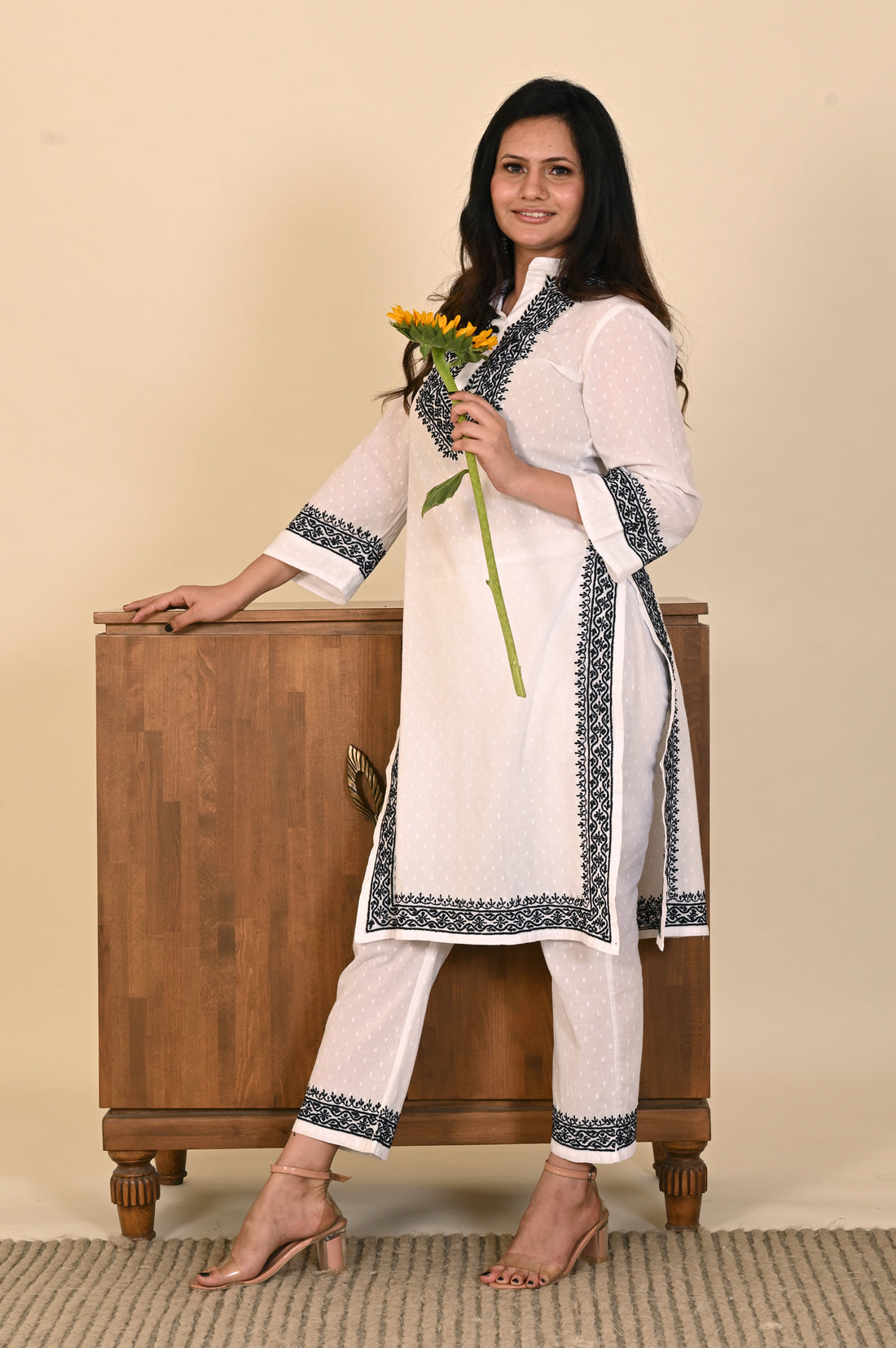 Semal Cotton Dobby Lucknow Chikan Black & White Kurta Set