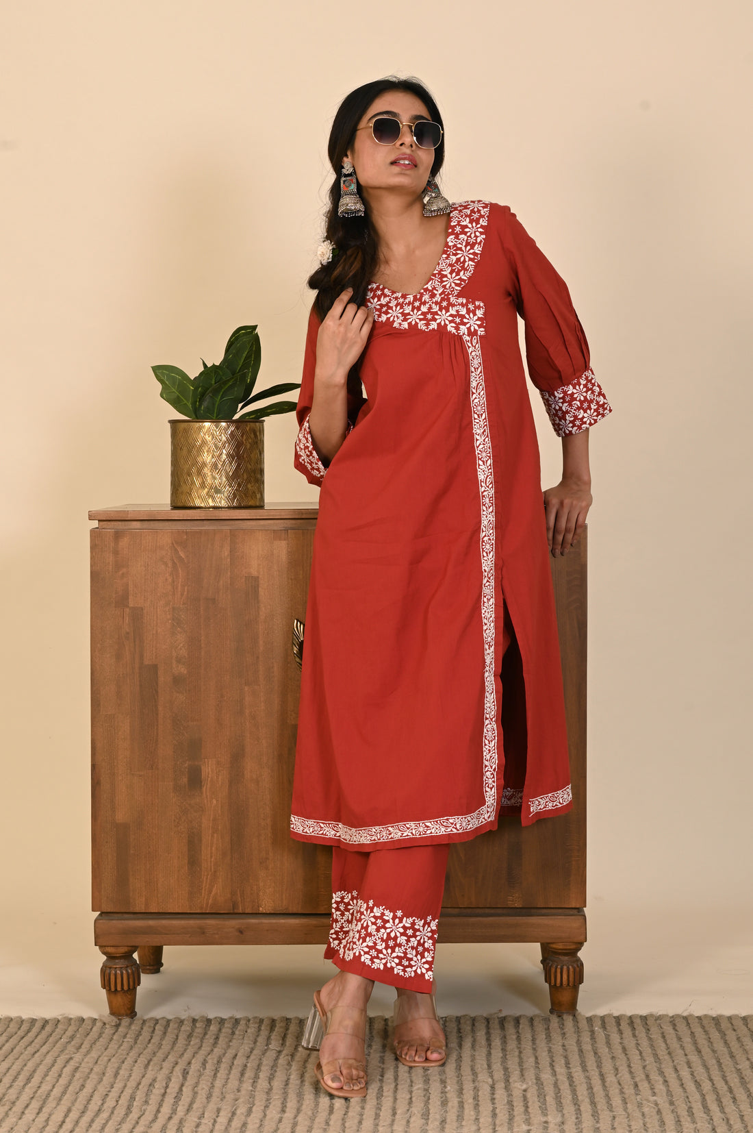 Semal Classic Cotton Angrakha style Lucknow Chikan Rust Red Kurta Set