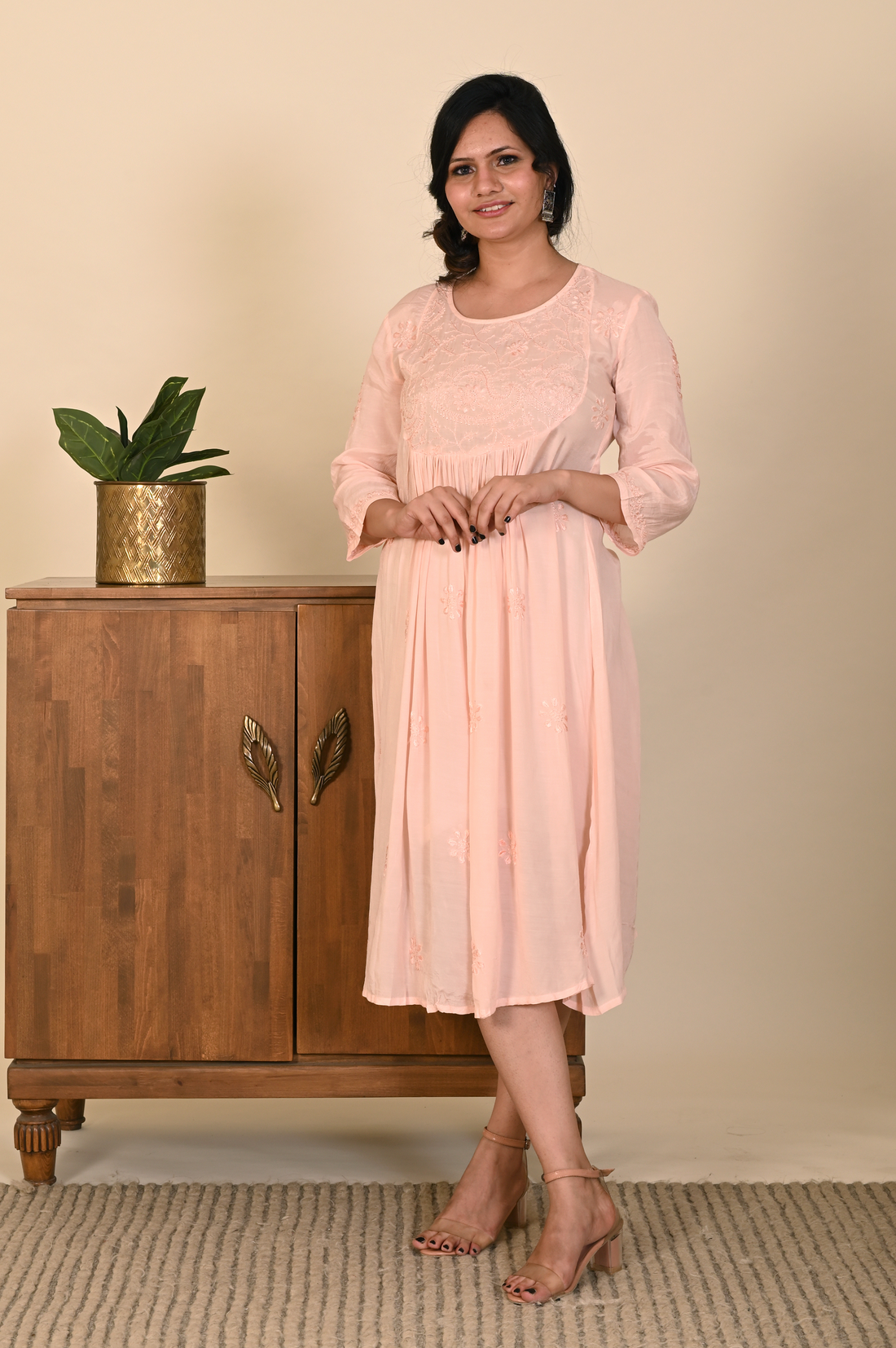 Semal Peachy Bliss Serene Muslin Dress with Chikankari Embroidery