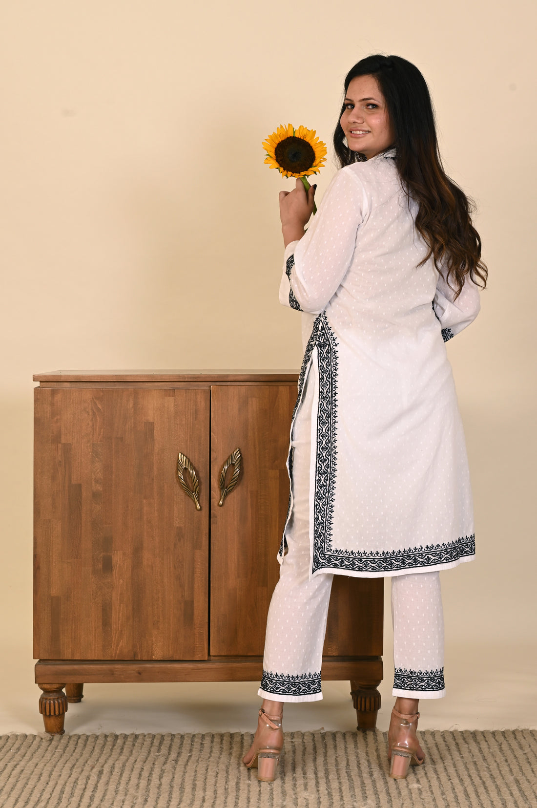 Semal Cotton Dobby Lucknow Chikan Black & White Kurta Set