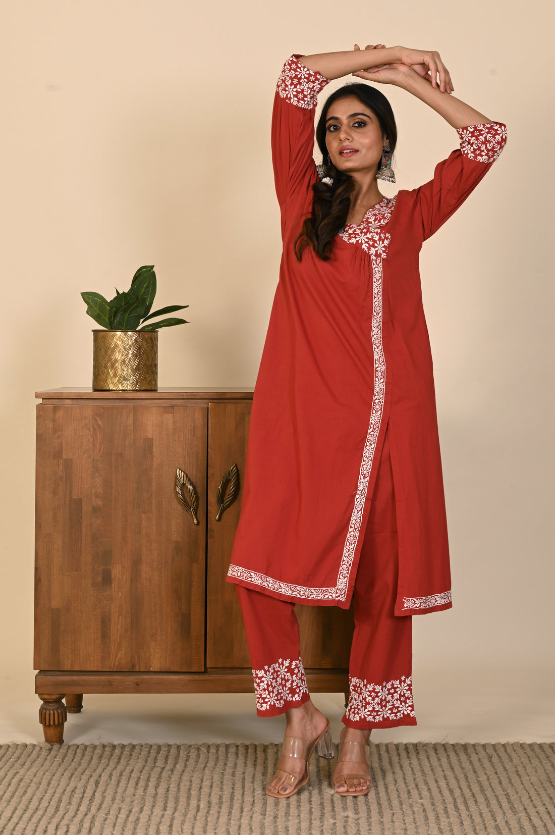 Semal Classic Cotton Angrakha style Lucknow Chikan Rust Red Kurta Set