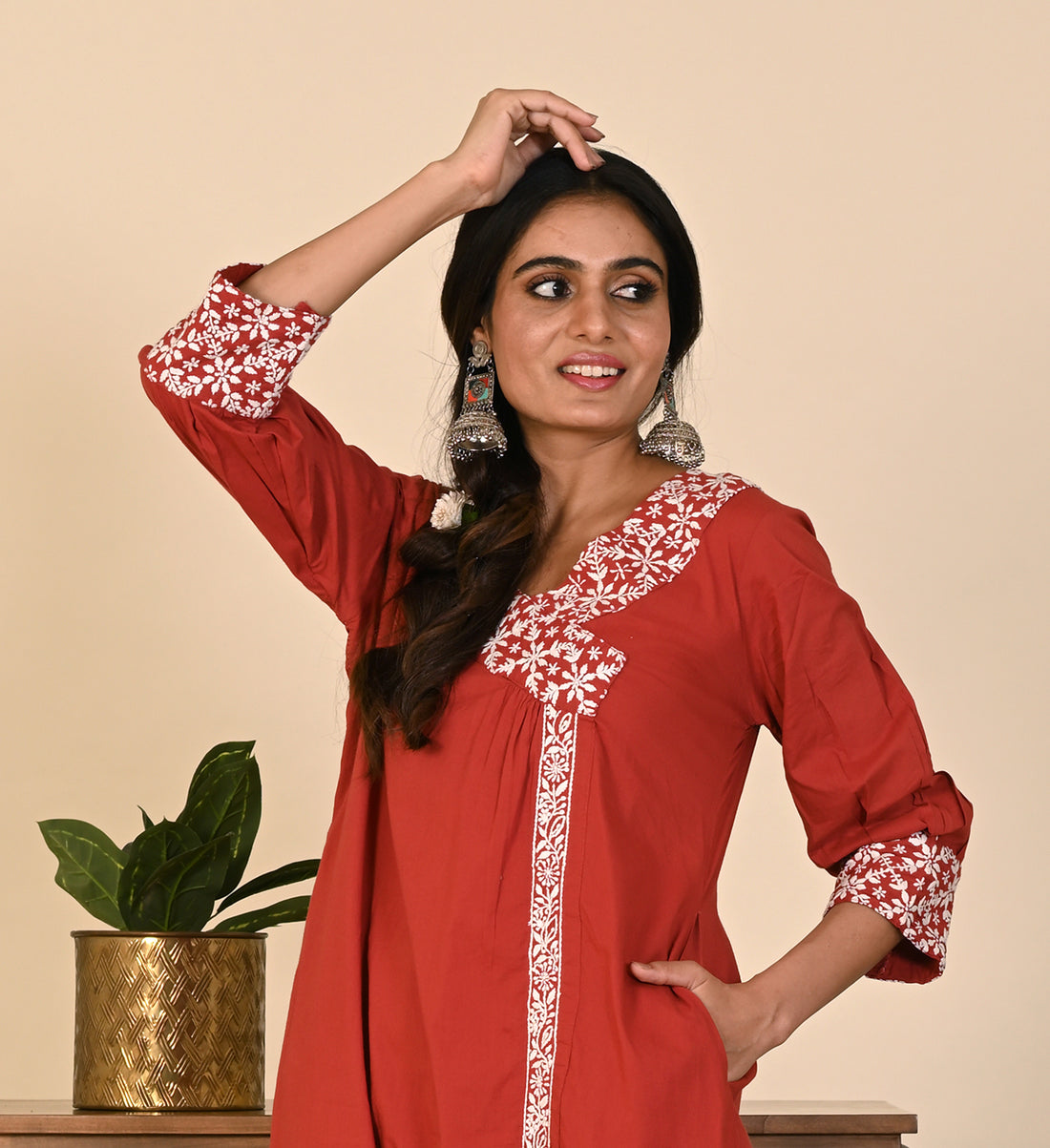 Semal Classic Cotton Angrakha style Lucknow Chikan Rust Red Kurta Set