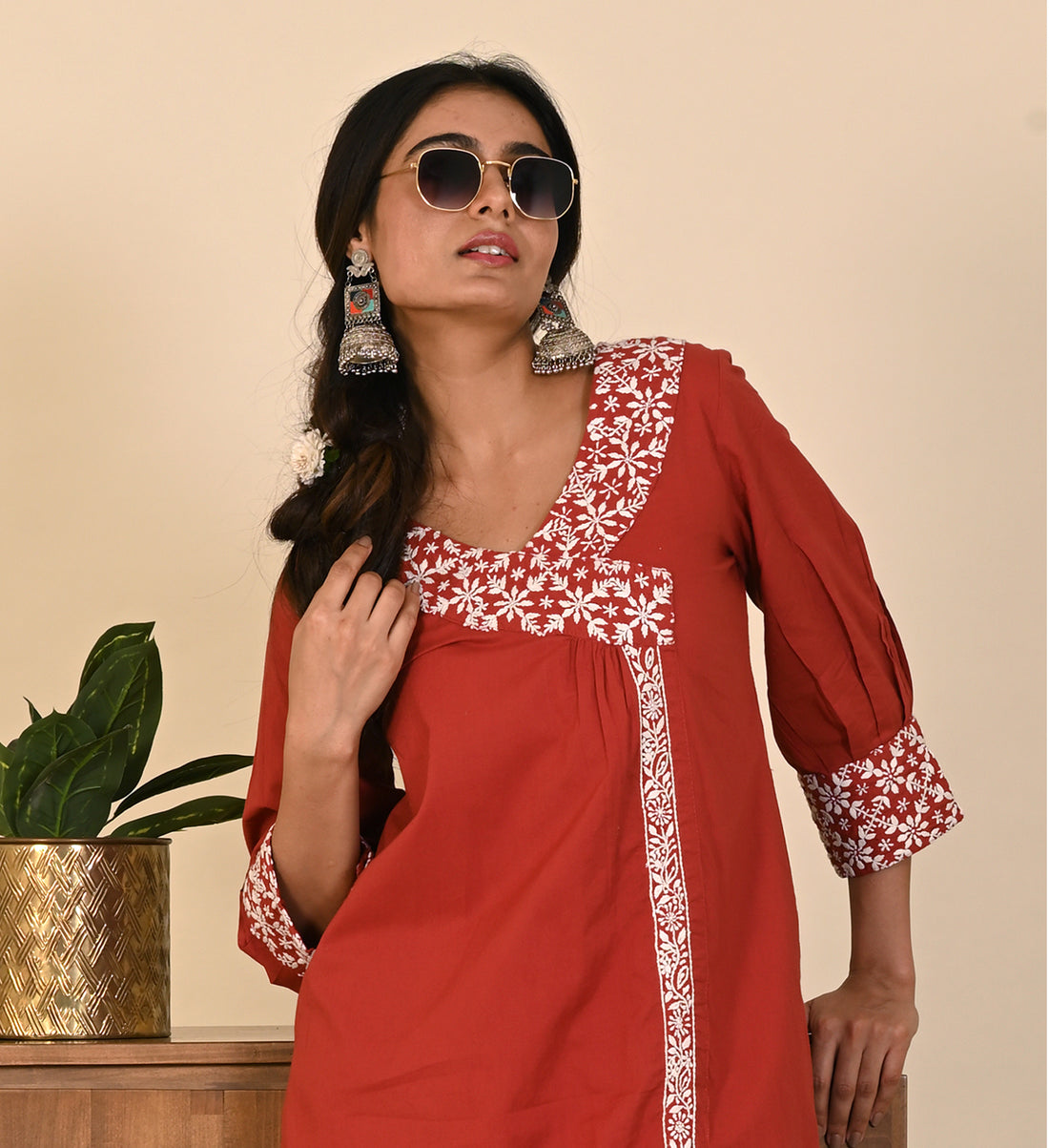 Semal Classic Cotton Angrakha style Lucknow Chikan Rust Red Kurta Set