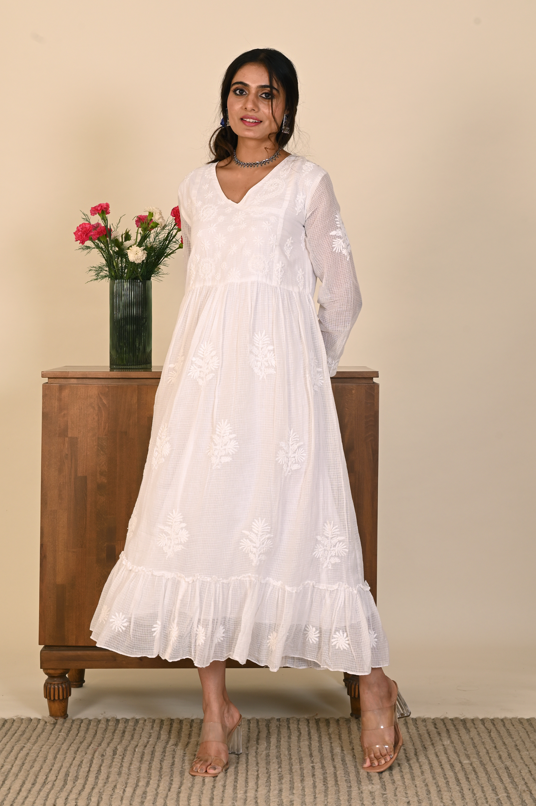 Chikankari White Kota Cotton Dress with Hem Frill