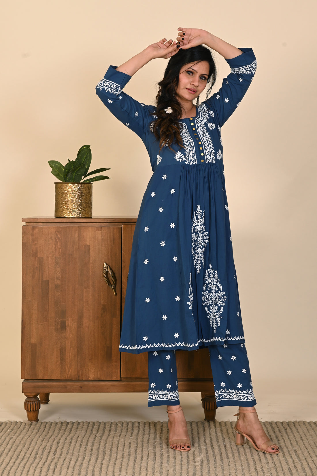 Semal Classic Cotton Gathered Lucknow Chikan Blue Kurta Set