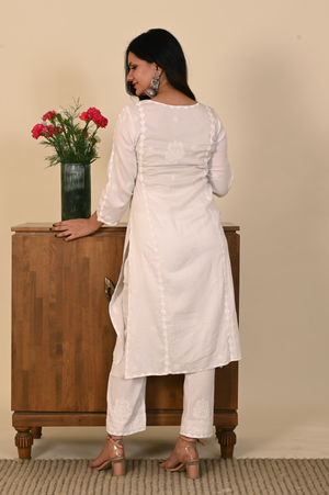 White-on-White Kurta Set in Soft Cotton with Chikankari Embroidery