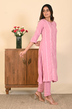 Semal  Cotton Dobby Lucknow Chikan Muted Pink Kurta Set