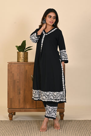 Semal Classic Cotton Front Pleat Lucknow Chikan black Kurta Set