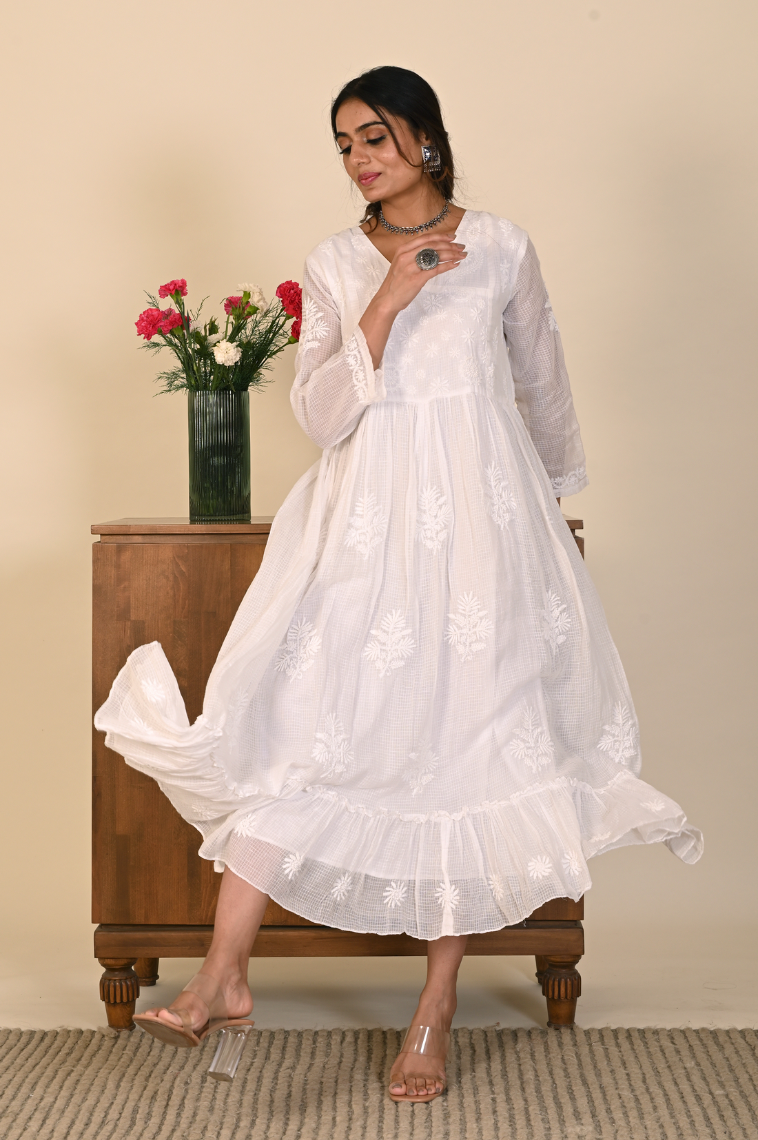 Chikankari White Kota Cotton Dress with Hem Frill