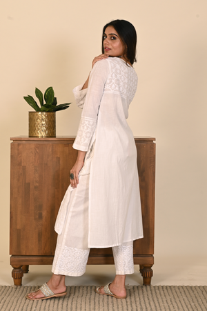 White Straight Cotton Kurta with Jaal Chikankari Embroidery