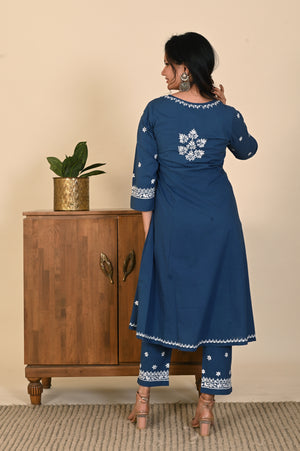 Semal Classic Cotton Gathered Lucknow Chikan Blue Kurta Set