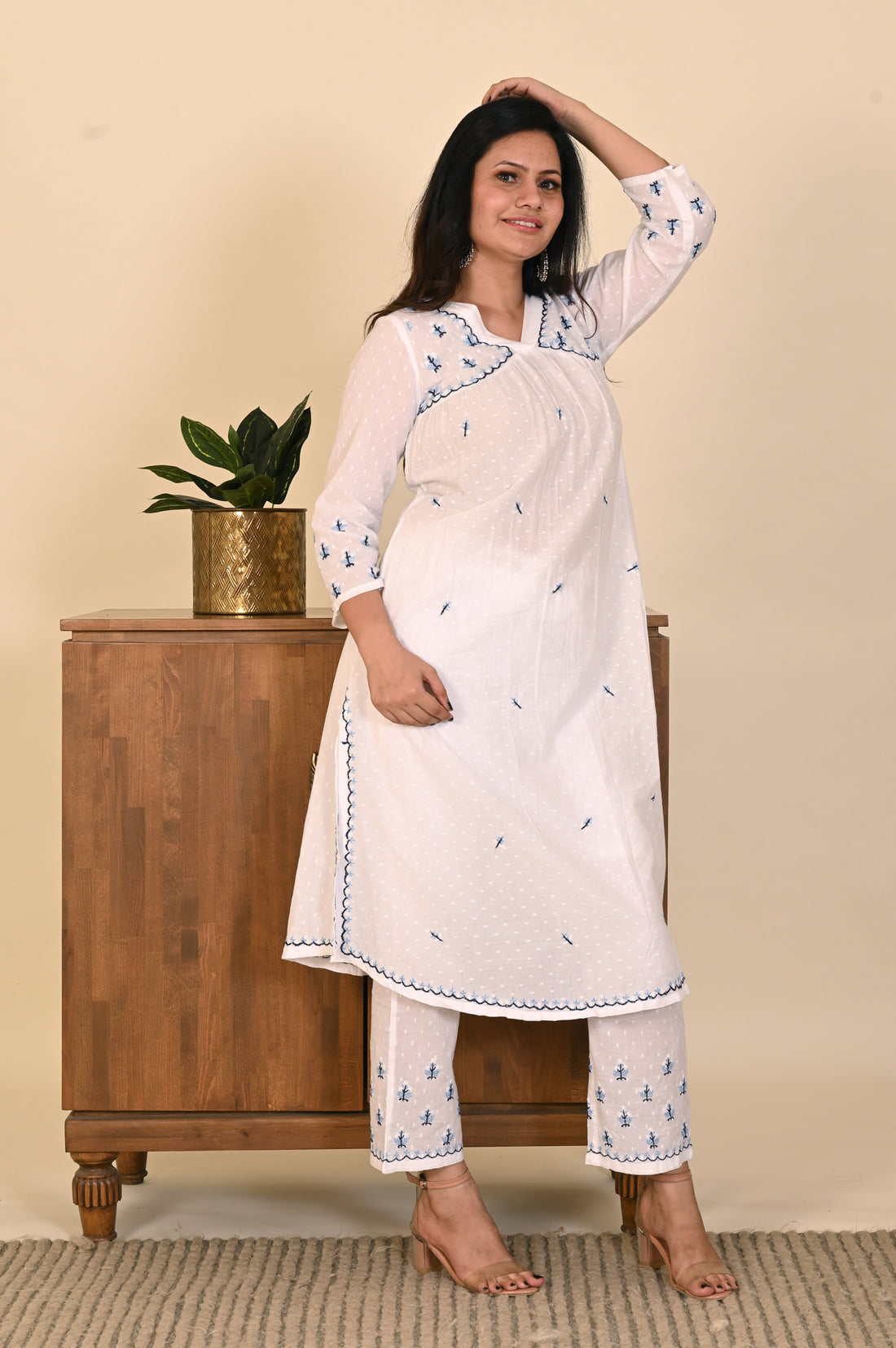 Semal Cotton Dobby Lucknow Chikan White Gathered Kurta Set