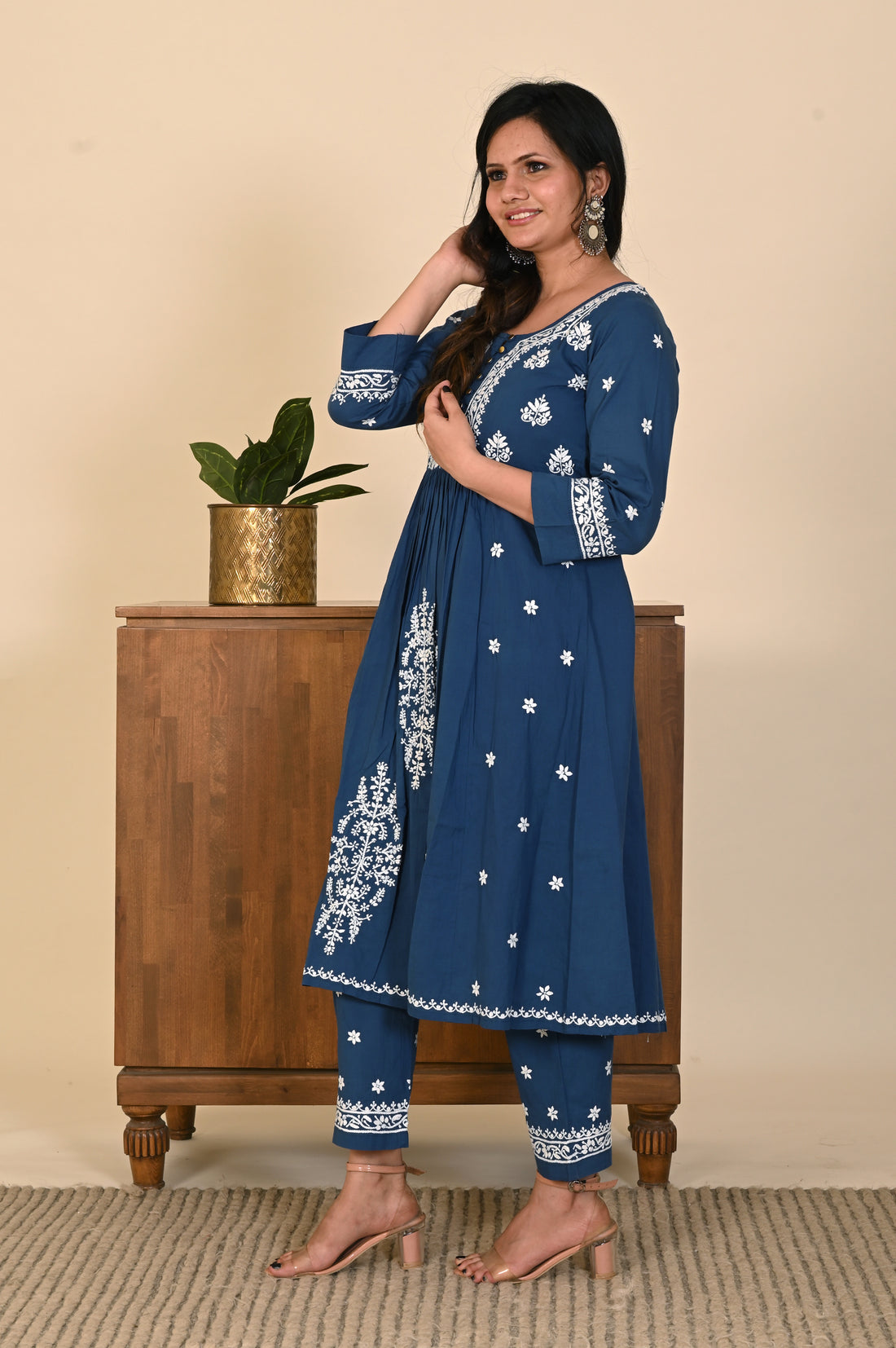 Semal Classic Cotton Gathered Lucknow Chikan Blue Kurta Set