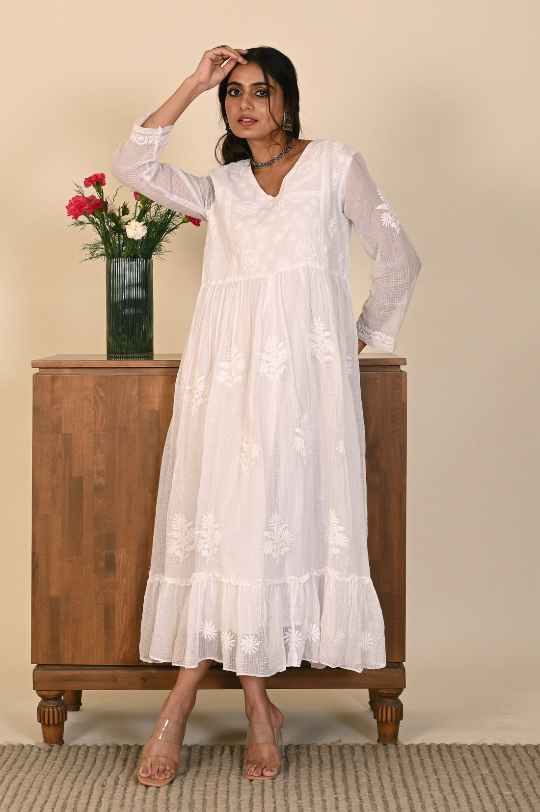 Chikankari White Kota Cotton Dress with Hem Frill