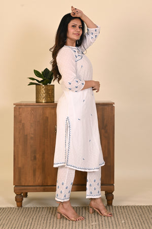 Semal Cotton Dobby Lucknow Chikan White Gathered Kurta Set