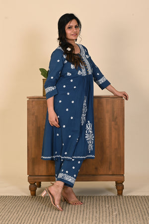 Semal Classic Cotton Gathered Lucknow Chikan Blue Kurta Set