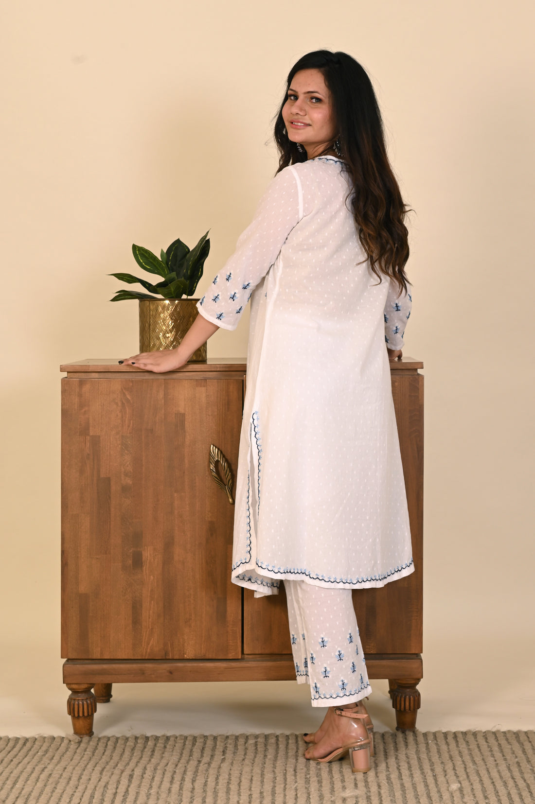 Semal Cotton Dobby Lucknow Chikan White Gathered Kurta Set