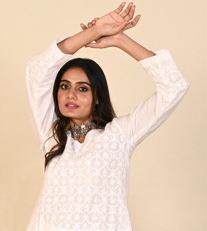 White Straight Cotton Kurta with Jaal Chikankari Embroidery