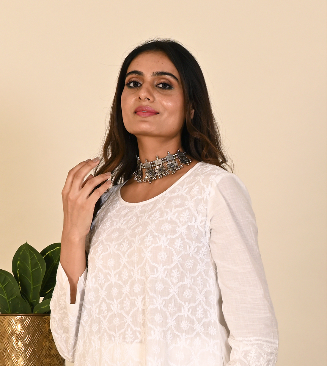 White Straight Cotton Kurta with Jaal Chikankari Embroidery