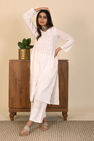 White Straight Cotton Kurta with Jaal Chikankari Embroidery