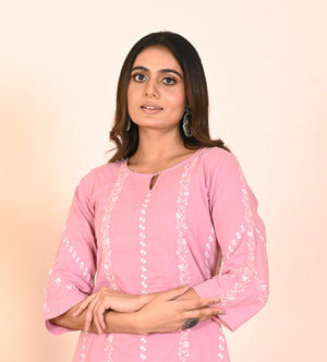 Semal  Cotton Dobby Lucknow Chikan Muted Pink Kurta Set