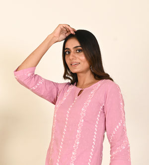 Semal  Cotton Dobby Lucknow Chikan Muted Pink Kurta Set