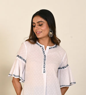 Semal Cotton Dobby Lucknow Chikankari White Kurti with Round Hem