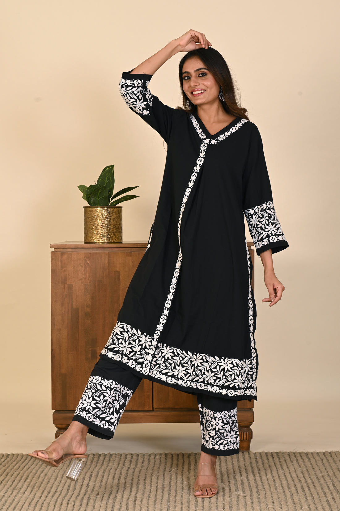 Semal Classic Cotton Front Pleat Lucknow Chikan black Kurta Set