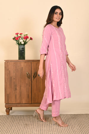 Semal  Cotton Dobby Lucknow Chikan Muted Pink Kurta Set