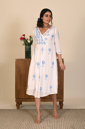 Semal Serene Sky Muslin Blue & White Chikankari Dress