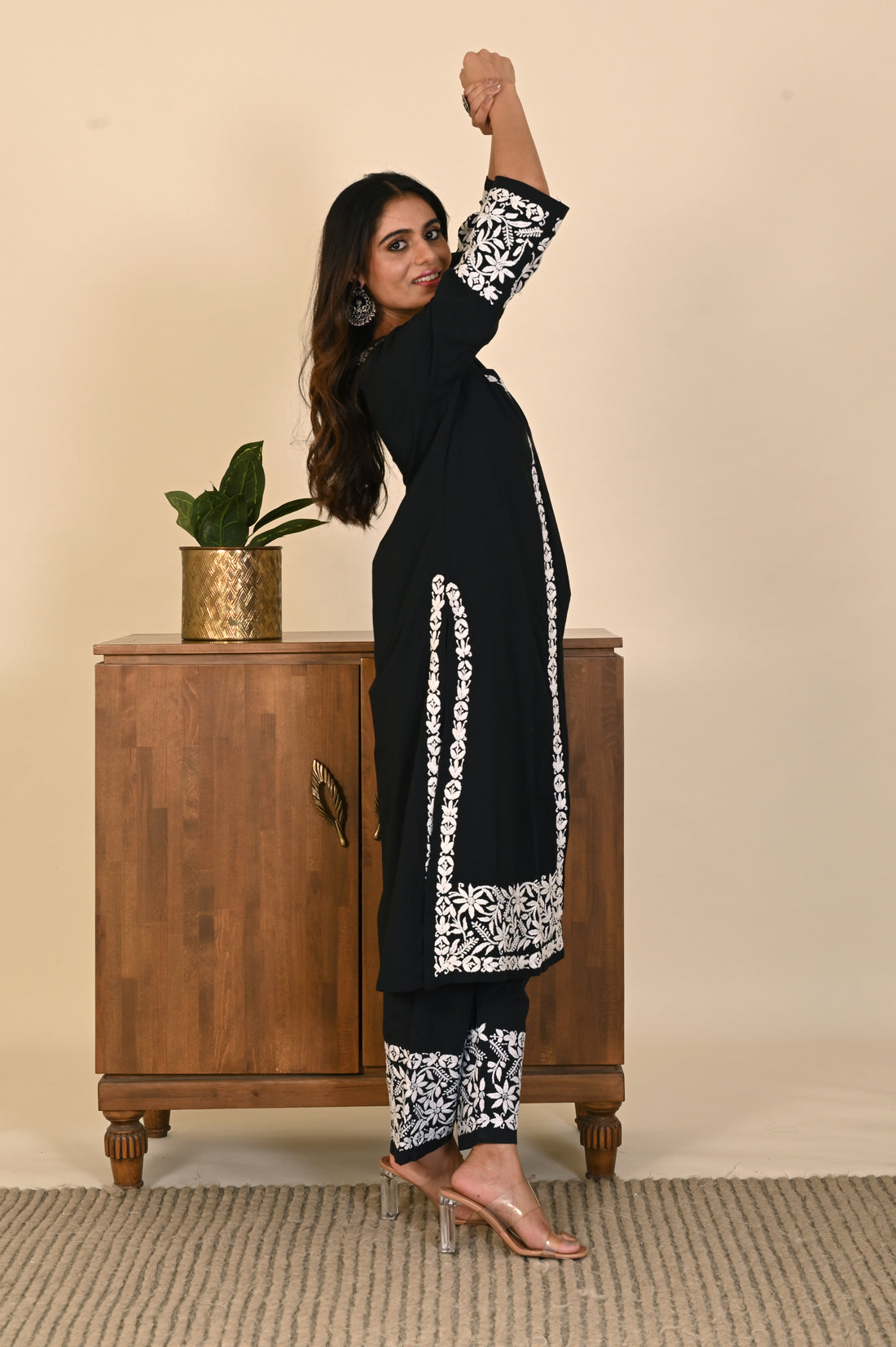 Semal Classic Cotton Front Pleat Lucknow Chikan black Kurta Set