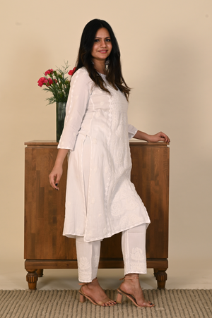 White-on-White Kurta Set in Soft Cotton with Chikankari Embroidery