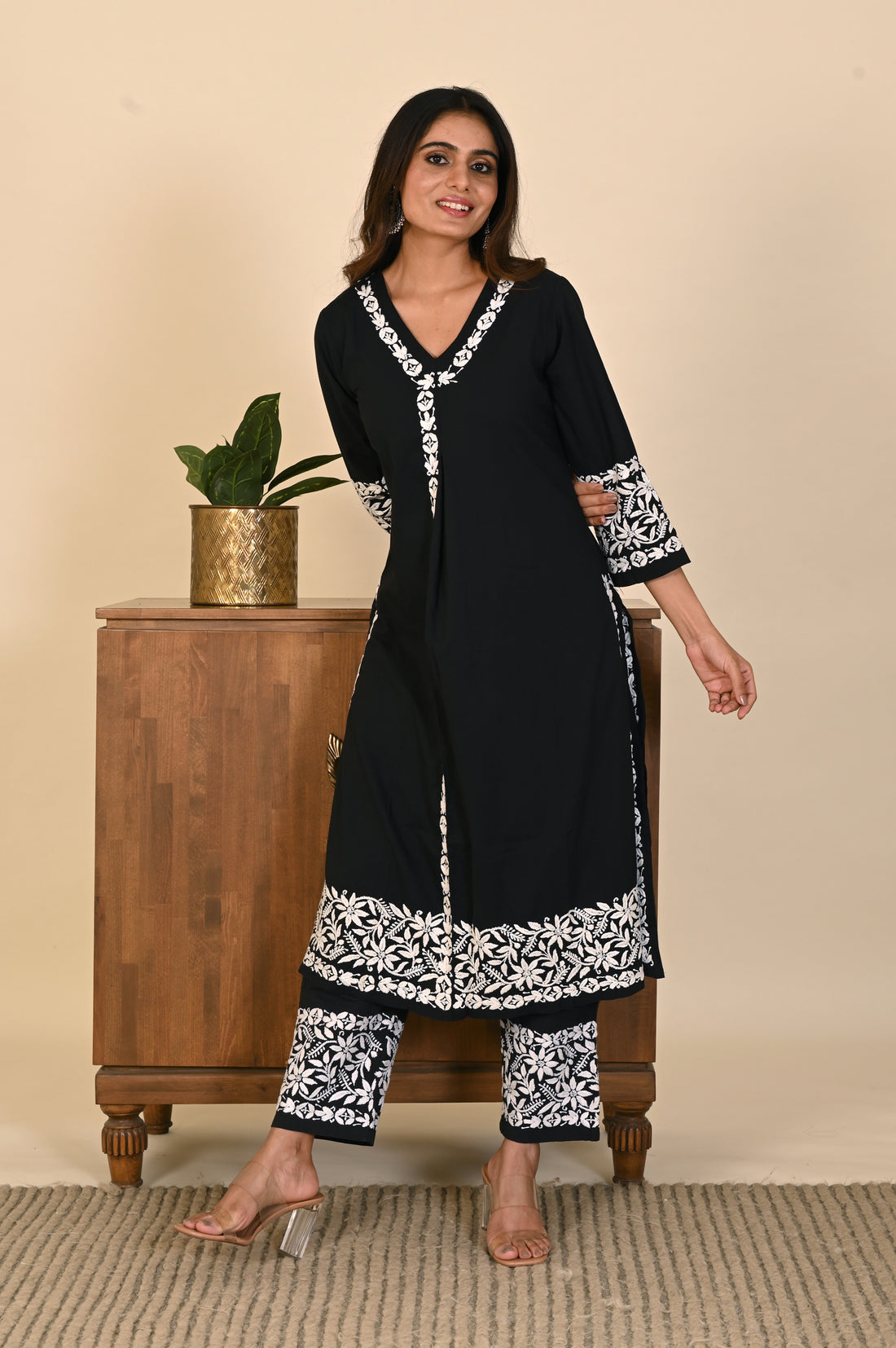 Semal Classic Cotton Front Pleat Lucknow Chikan black Kurta Set