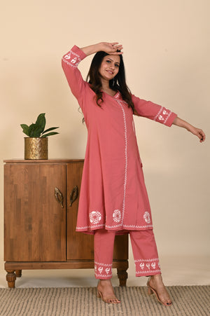 Semal Classic Cotton Angrakha Lucknow Chikan Dusty Pink Kurta Set