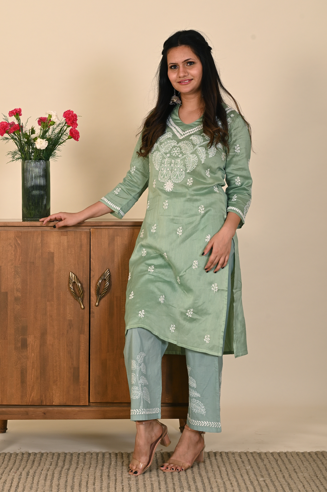 Semal handicrafts Chikankari Chanderi straight kurta set