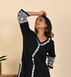 Semal Classic Cotton Front Pleat Lucknow Chikan black Kurta Set