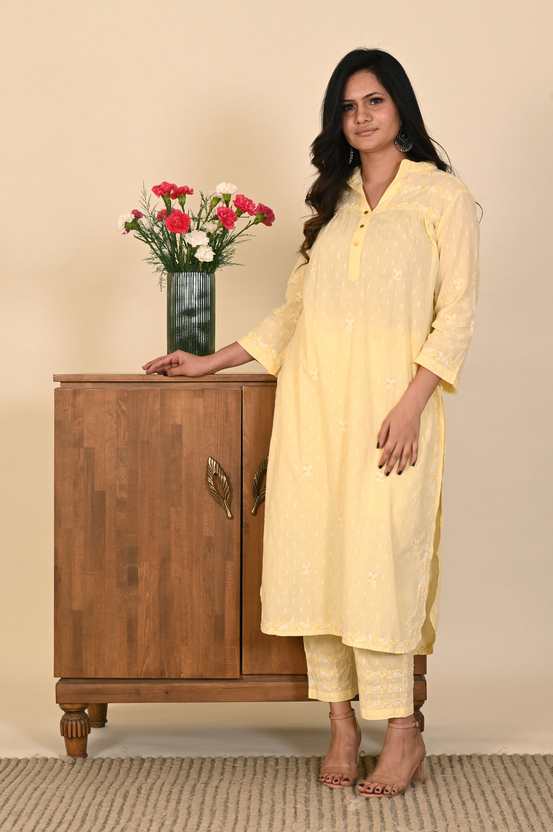 Semal Cotton Dobby Lucknow Chikan Mandarin Collar Kurta Set