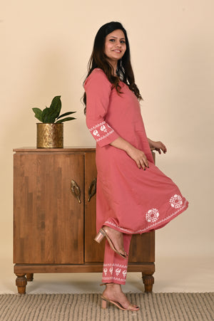 Semal Classic Cotton Angrakha Lucknow Chikan Dusty Pink Kurta Set