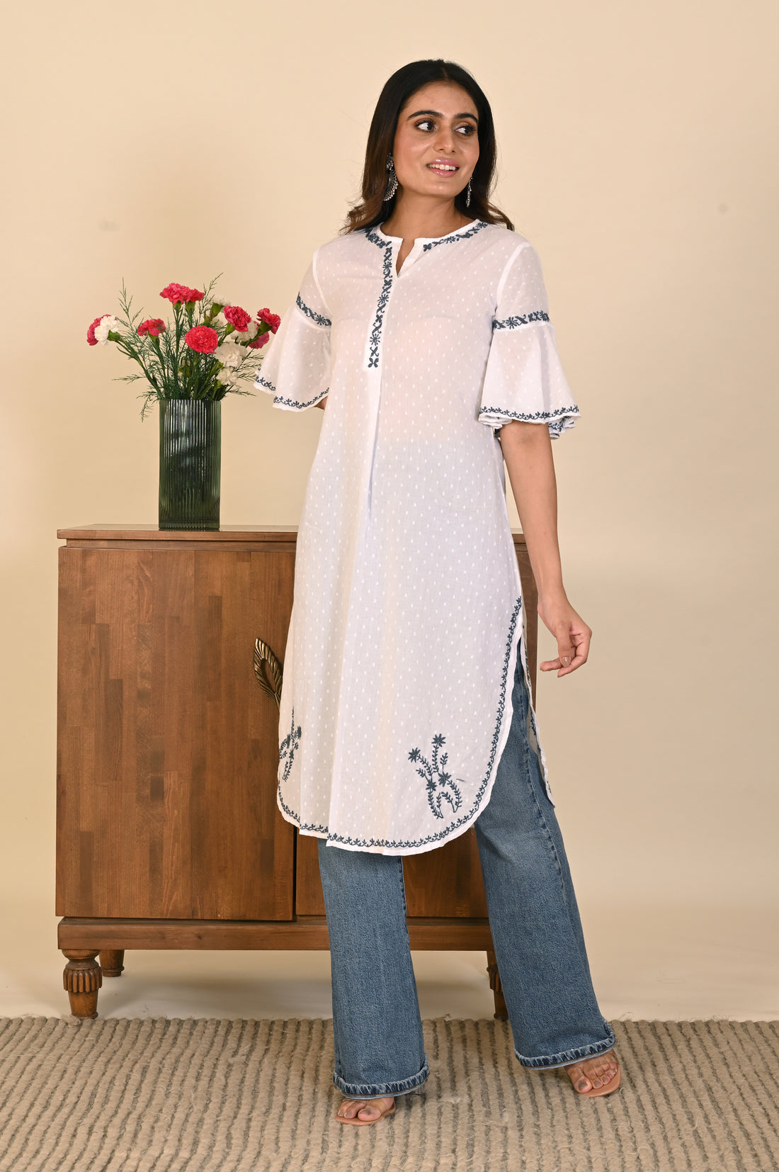 Semal Cotton Dobby Lucknow Chikankari White Kurti with Round Hem