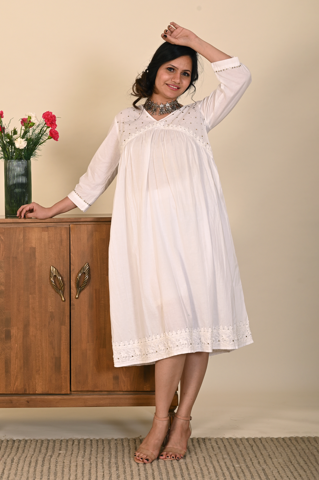 Semal handicrafts Chikankari cotton V-neck gathered dress