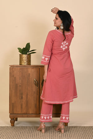 Semal Classic Cotton Angrakha Lucknow Chikan Dusty Pink Kurta Set