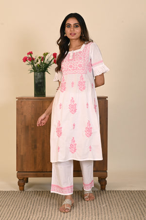 Semal Blossom Whisper Lucknow Chikankari Cotton  Kurta Set