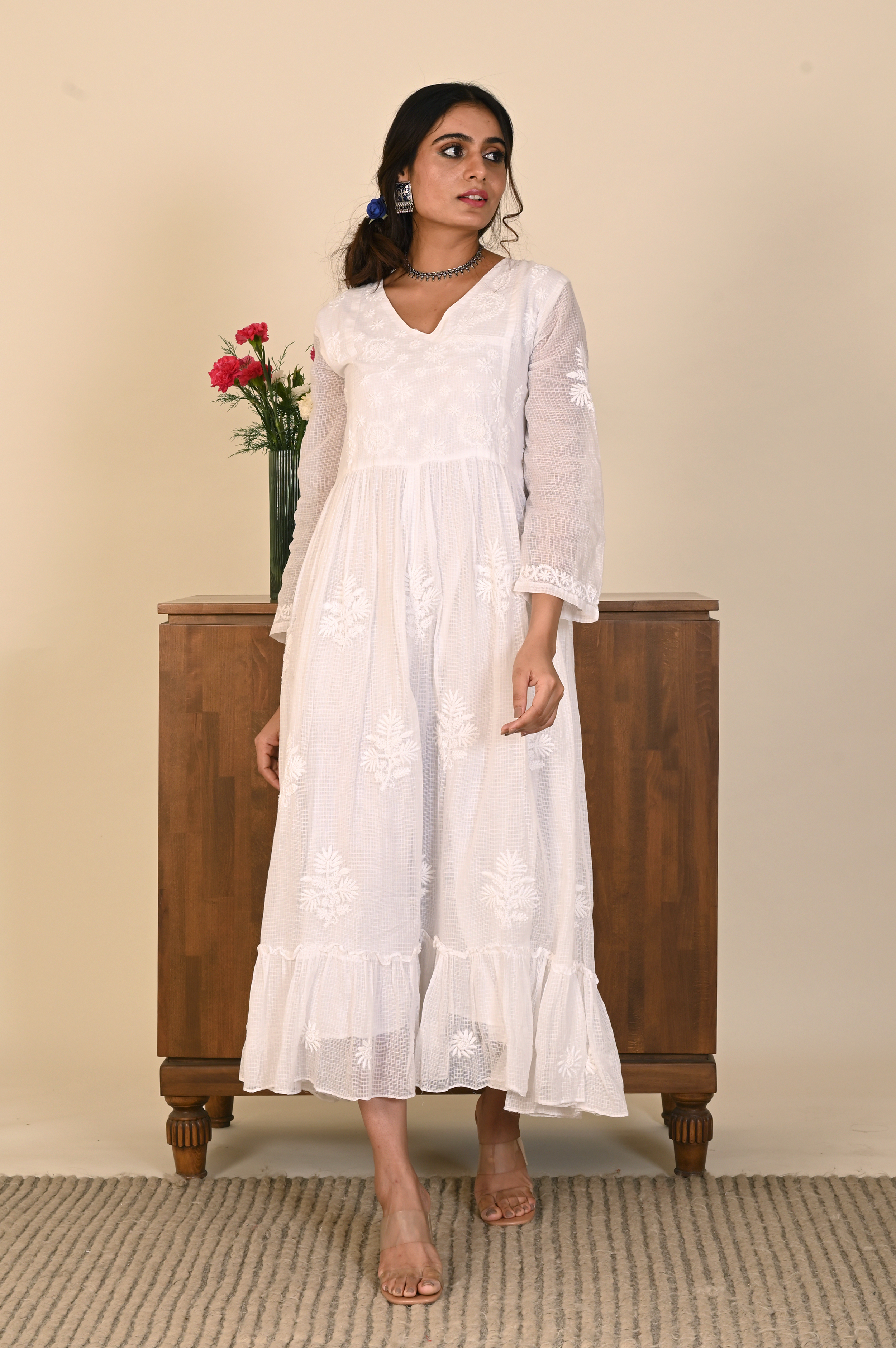 Chikankari White Kota Cotton Dress with Hem Frill