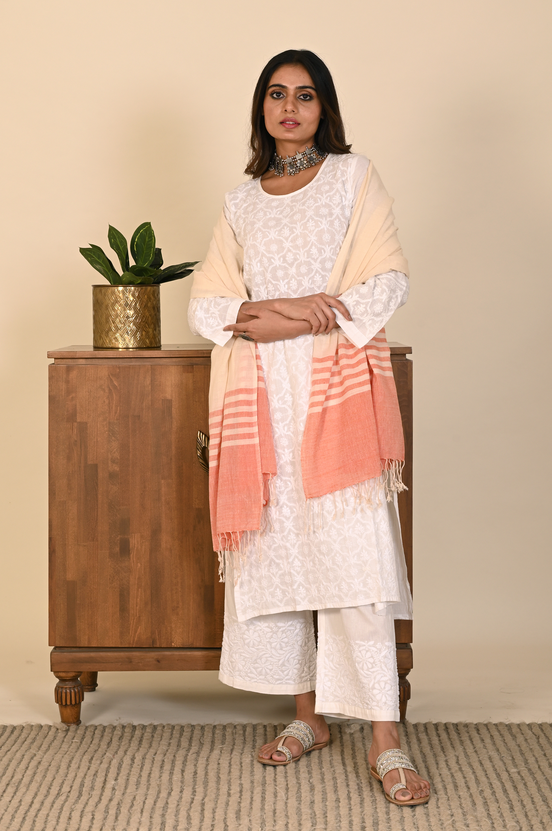 White Straight Cotton Kurta with Jaal Chikankari Embroidery