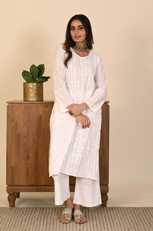 White Straight Cotton Kurta with Jaal Chikankari Embroidery