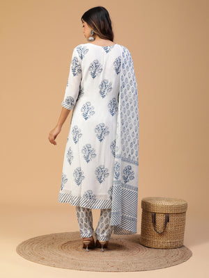 Hand Block Printed White A-line Gathered Kurta With Pants and Dupatta Set Blk_005