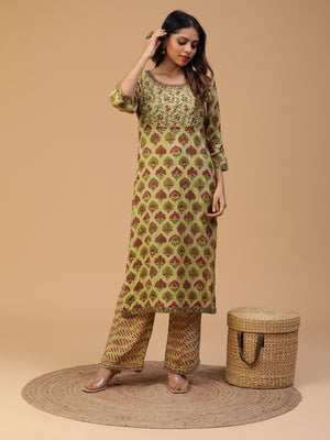 Hand Block Printed Olive Green Straight Kurta With Pants And Dupatta Set Blk_010