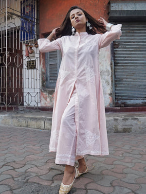 Semal Hand Embroidered Cotton Lucknowi Chikankari Front Slit Kurta With Pants